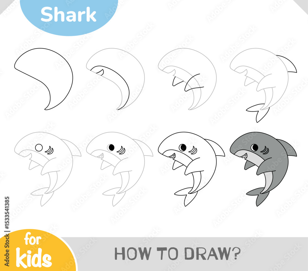 Obraz premium Simple how-to-draw tutorial for a cute friendly cartoon shark