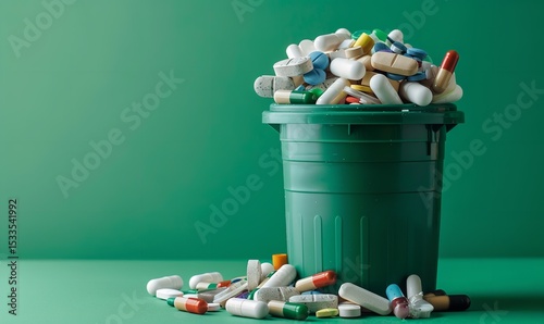 A recycling bin packed with pharmaceutical trash is displayed on a green background, symbolizing the medical waste disposal concept, Generative AI.