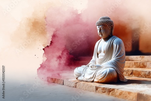 Buddha Statue Meditating on Stone Steps With Red Haze, Representing Mindfulness and Spiritual Enlightenment : Generative AI