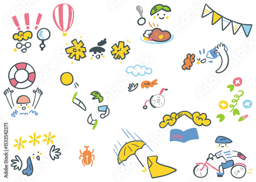 夏を楽しむ小学生のアイコン　セットのストックイラスト素材
