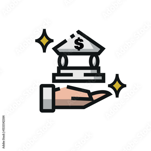 Open hand holding bank building with a dollar sign; suitable for financial concepts, investments, wealth management, and banking industry designs.