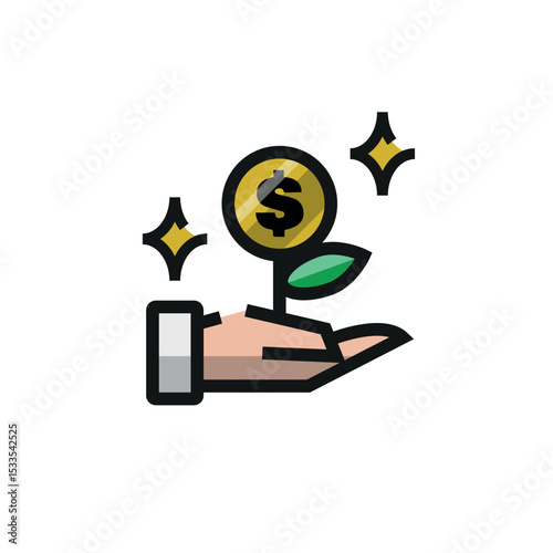 Hand holding a dollar coin plant, representing financial growth and investment. Suitable for finance, investment, and growth concepts in design projects.