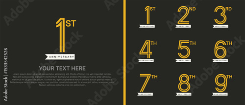 logo anniversary set. yellow color with white ribbon on dark background for special event