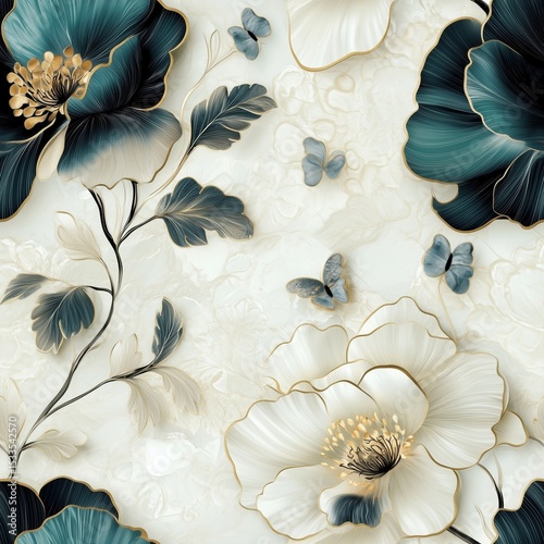 Seamless 3D floral pattern with striking teal and white flowers outlined in gold, and small blue butterflies on a textured white background