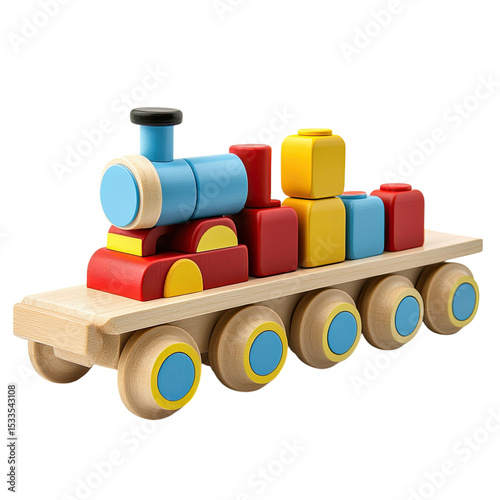 Wooden toys in the shape of a train with differently colored blocks for playing, isolated on a white background