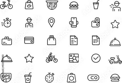 Food Delivery Line Icons Set. Online Order, Fast Food, Courier, Mobile App. Editable Stroke. Vector Illustration
