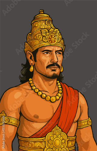 A stern-looking king or warrior with traditional South Asian attire.
