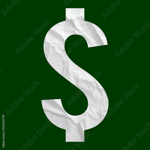 Dollar sign in wrinkle paper vector for financial concepts, economic issues, and debt. Ideal for business, crisis, and finance illustrations.