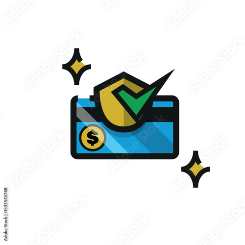 Credit card with a shield and checkmark, perfect for financial security concepts or identity theft protection visuals in marketing.