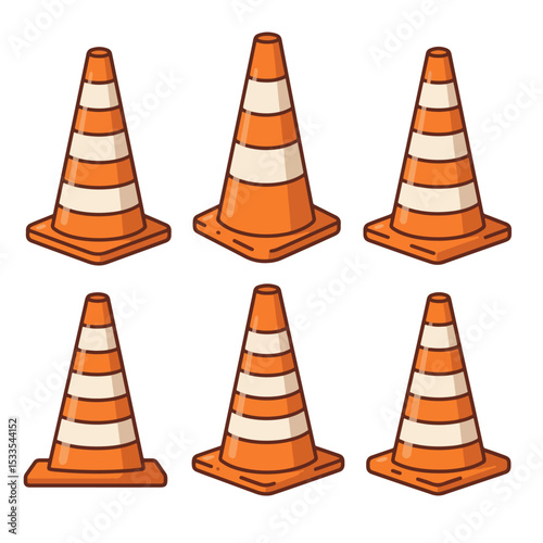Traffic cone icon vector includes multiple orange striped cones suitable for traffic or safety signage use.