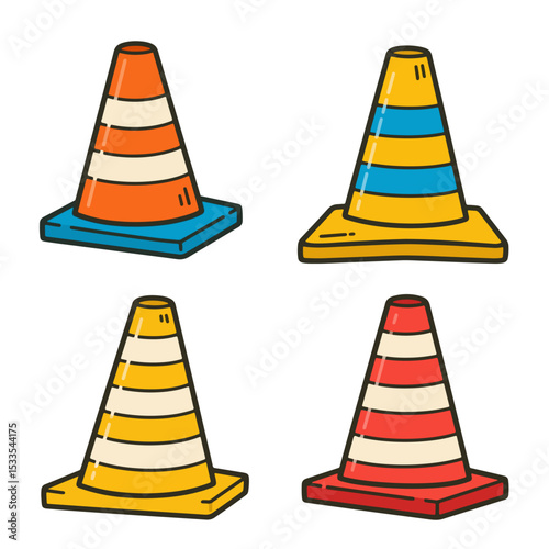 Traffic cone icon vector features colorful striped cones suitable for road safety or construction signs.