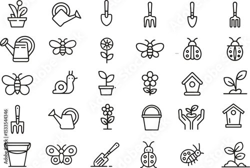 Gardening Line Icons Set. Plants, Tools, Watering, Landscaping. Editable Stroke. Vector Illustration