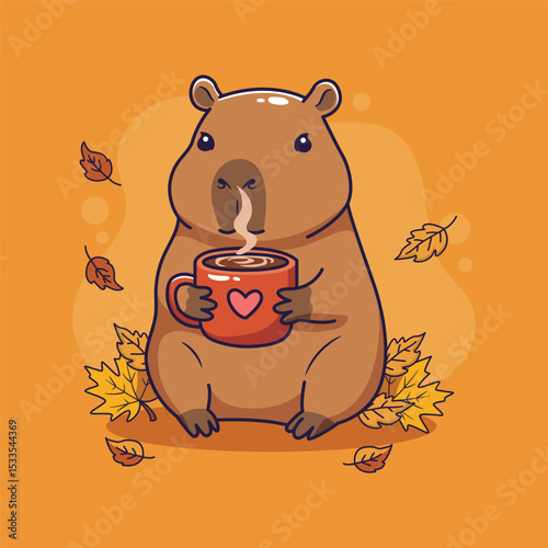 Cute cartoon capybara with a cup of coffee. Vector illustration.