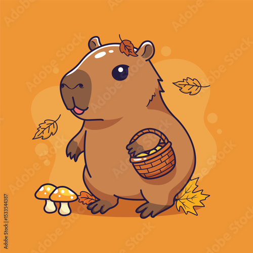 Cute Capybara with a basket of mushrooms. Vector illustration.