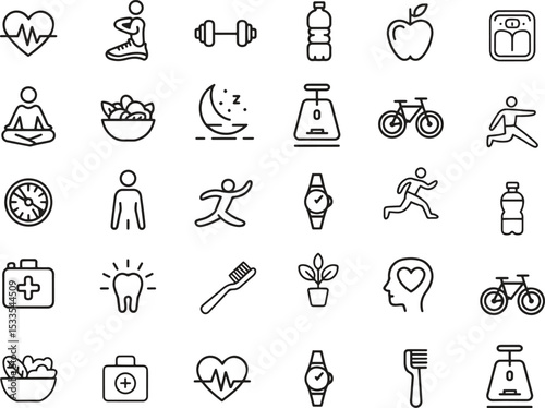Healthy Lifestyle Line Icons Set. Fitness, Nutrition, Wellness, Exercise. Editable Stroke. Vector Illustration