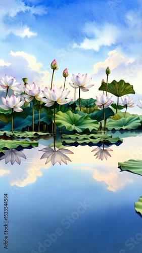 Watercolor painting of white lotus flowers and buds with reflections in blue water against a cloudy sky