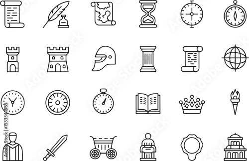 History Thin Line Icons Set. Ancient, Timeline, Civilization, Historical Events. Editable Stroke. Vector Illustration
