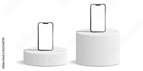 Two Cylinder white podium stage pedestal and platform with blank smartphone display mockup. Ideal for mobile product showcase, app design preview, or digital device marketing presentation.