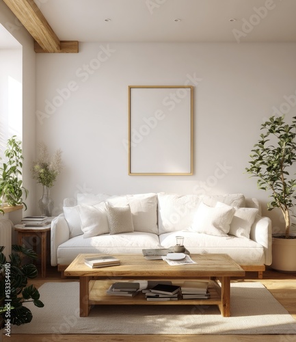 Sunlit living room with white sofa, wooden coffee table, plants, and a blank framed poster on a white wall