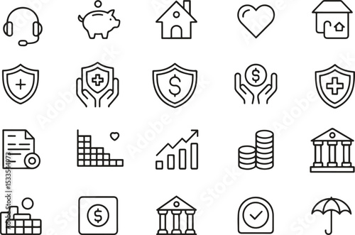 Insurance Line Icons Set. Policy, Protection, Coverage, Claims. Editable Stroke. Vector Illustration