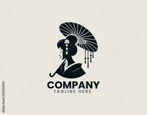 Elegant Geisha Umbrella Traditional Japanese Art Culture Symbol Vector Logo Design