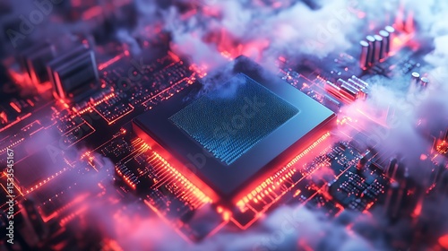 Futuristic Processor Chip Surrounded by Circuit Patterns

