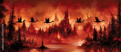 Birds flying over a burning landscape