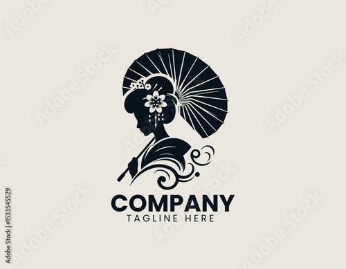 Elegant Geisha Umbrella Traditional Japanese Art Culture Symbol Vector Logo Design