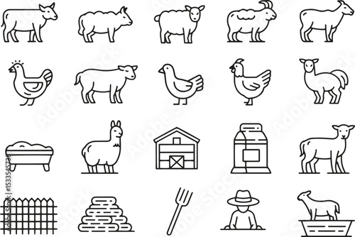Livestock And Farm Line Icons Set. Cattle, Agriculture, Barn, Farming Tools. Vector Illustration. Editable Stroke
