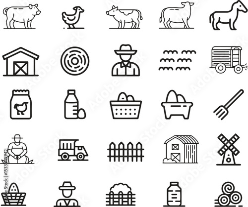 Livestock And Farm Line Icons Set. Cattle, Agriculture, Barn, Farming Tools. Vector Illustration. Editable Stroke