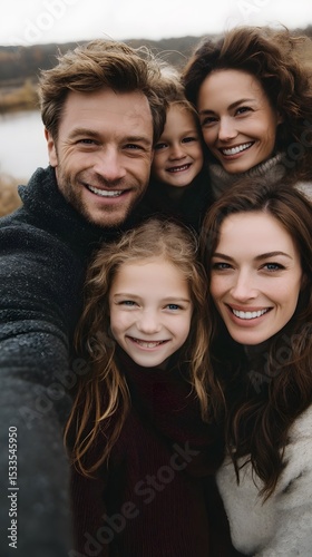 A joyful family selfie in a picturesque outdoor setting