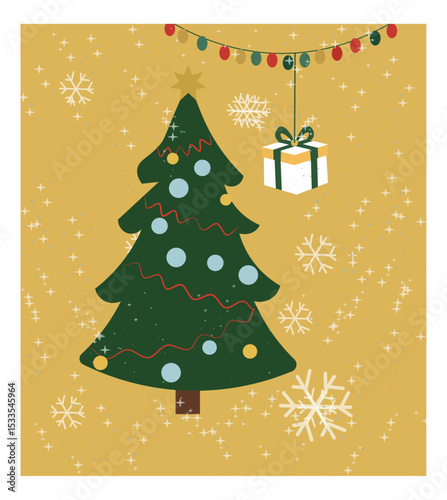 Whimsical Merry Christmas Illustration with Decorated Tree and Snowflakes-03