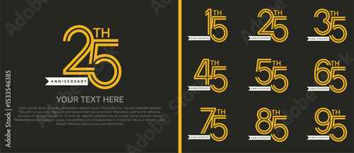 logo anniversary set. yellow color with white ribbon on dark background for special event