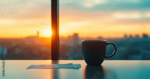 Fototapeta Naklejka Na Ścianę i Meble -  A dark mug sits on a desk by a window, showcasing a vibrant sunset over a city skyline.  A piece of paper rests nearby