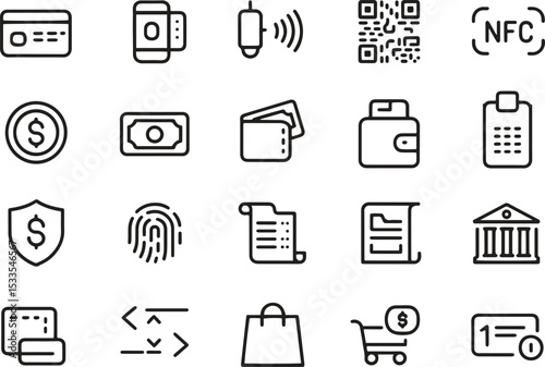 Payment Methods Line Icons Set. Credit Card, Mobile Payment, Wallet, Transaction. Vector Illustration. Editable Stroke