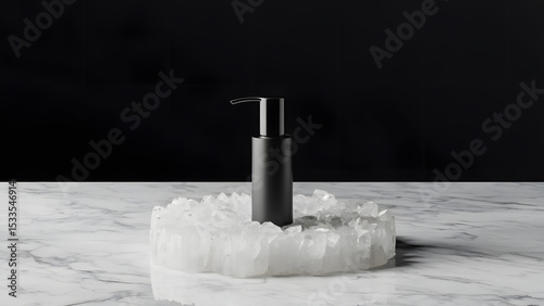 Black dispenser bottle on fluffy white surface