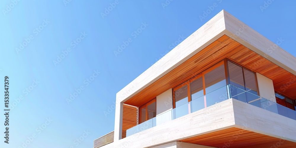 Fototapeta premium ideas for sustainable buildings. A contemporary structure featuring timber details set against a clear blue sky, Generative AI.
