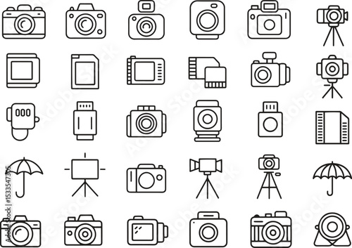 Photography Line Icons Set. Camera, Shooting, Editing, Lighting. Vector Illustration. Editable Stroke
