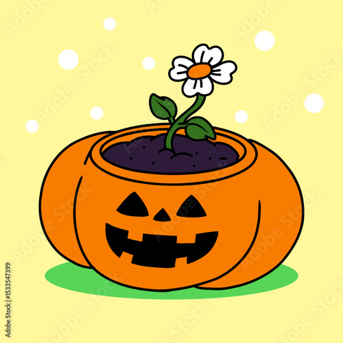 Pumpkin Jack O' Lantern pot with white Flower whimsical character Illustration sticker clipart