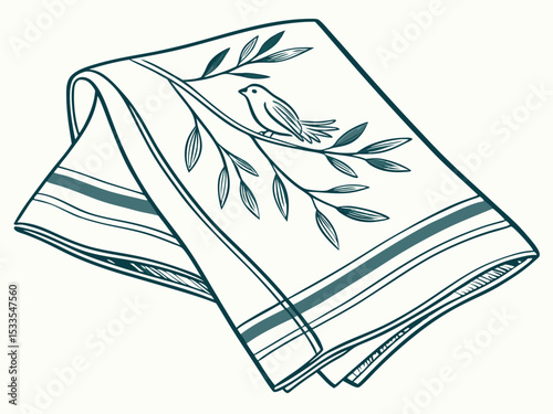 Illustration of a folded tea towel with bird and branch design isolated 