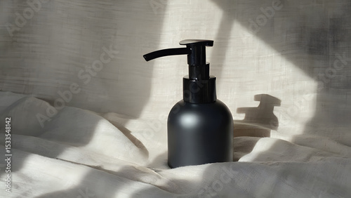 Matte bottle mockup on wrinkled linen fabric