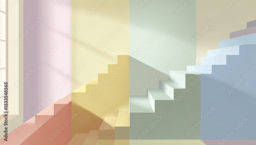 Pastel colored steps and walls, sunlit room Pastel colored steps and walls, sunlit room