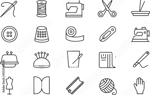Sewing Line Icons Set. Needlework, Stitching, Fabric, Tailoring. Vector Illustration. Editable Stroke