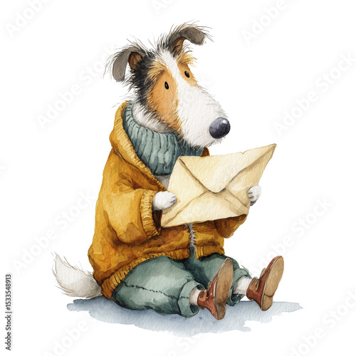 Cute dog immersed in reading letter with joyful expression. This heartwarming watercolor illustration captures sweet and tender moment