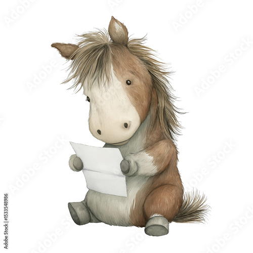 Cute horse reading letter with watercolor illustration, feels so immersed in story and shows great concentration, utterly captivated by content