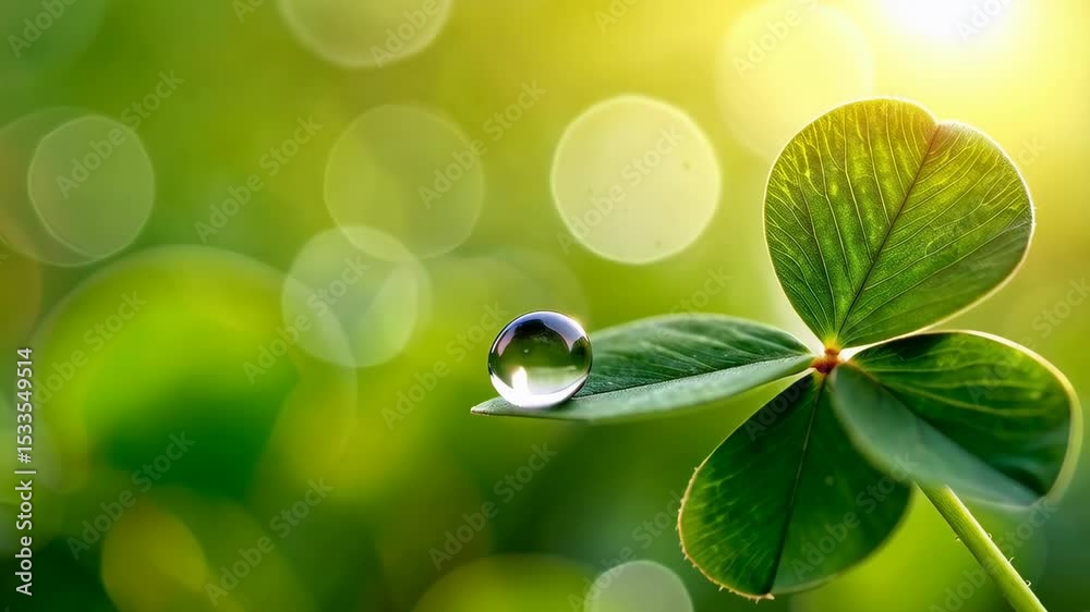 Fresh green clover leaf with a single dew drop glistening in soft light, depicting nature's delicate beauty with a bokeh effect background.