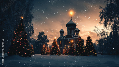Festive Orthodox Church Winter Landscape, Orthodox Christmas, Orthodox Christmas Celebration