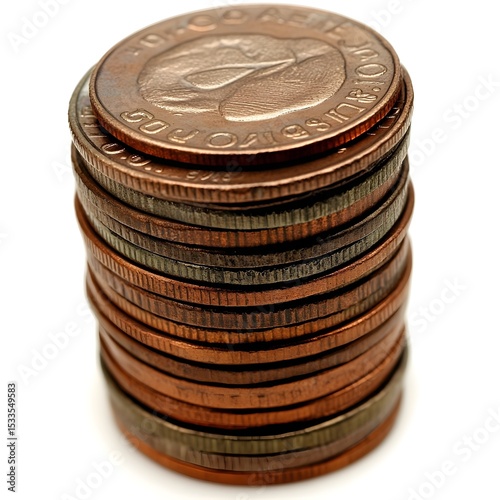 stack of coins Stack of mixed copper and bronze coins isolated on white background, close-up of shiny currency pile.