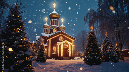 Festive Orthodox Church Winter Landscape, Orthodox Christmas, Orthodox Christmas Celebration