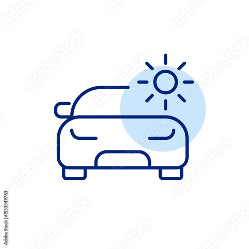 Car and sun. Solar energy powered vehicles. Alternative sources. Renewable energy, electricity power. Sustainable eco-friendly living. Pixel perfect, editable stroke icon